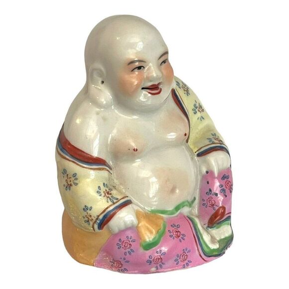 Chinese Famille Rose Porcelain Happy Laughing Buddha Figurine 3.5" Miniature - Picture 2 of 7